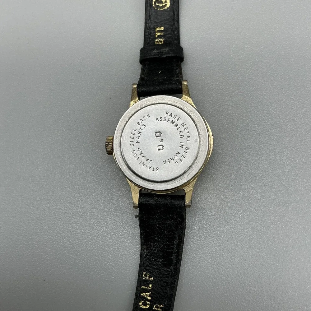Vintage Q&Q Womens Watch 22mm Black Dial Gold Tone Manual Wind Leather Strap